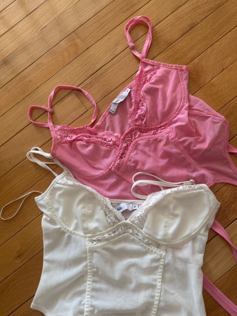 Women's Lace Trim Camisole Bodysuit - Pink & Cream set